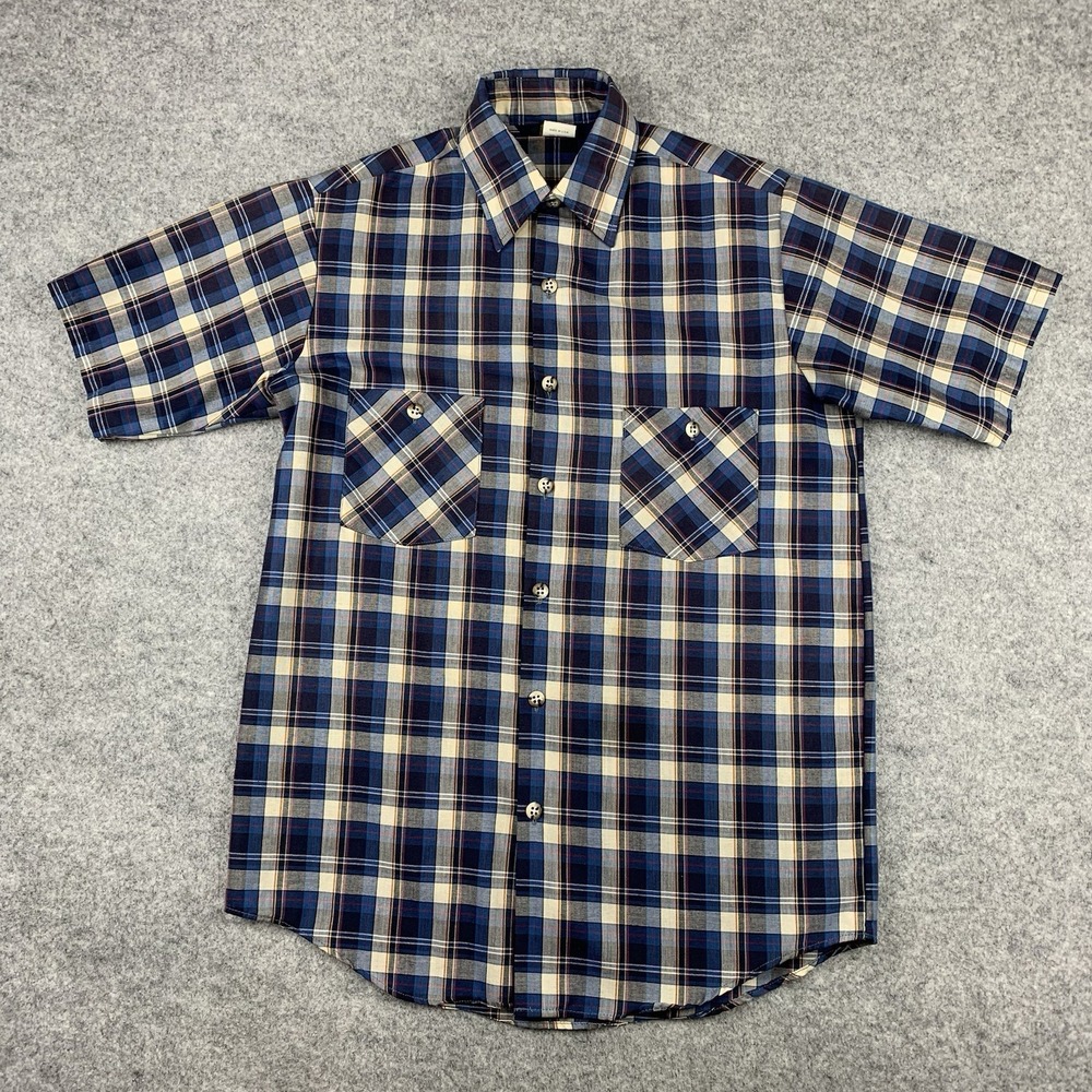 OshKosh B'gosh Shirt Mens Small Blue Short Sleeve Button Up Poly Cotton Plaid